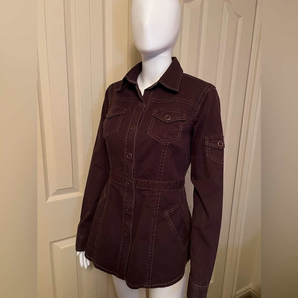 Cabi Chocolate Brown Denim Jacket Safari Front Snap Cargo Western Military Mod S